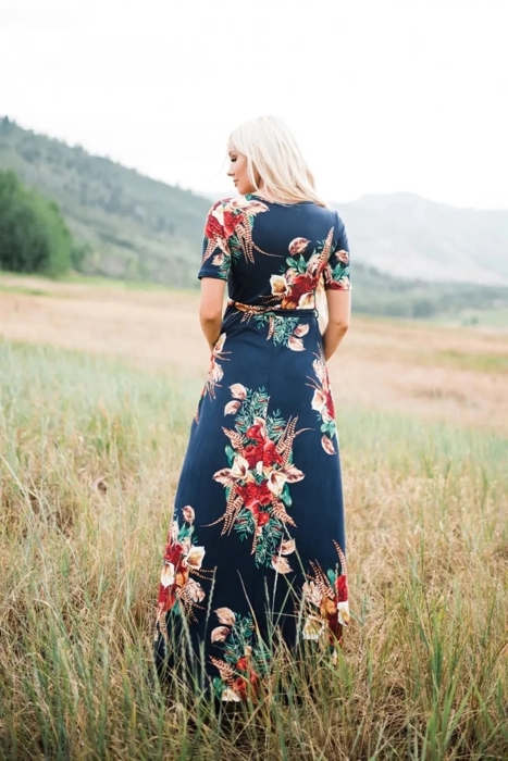 Women Maxi Floral Navy Dress