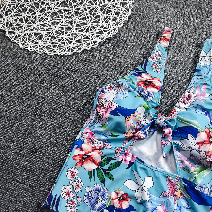 Hawaii Tropical Bloom Cutout One-Piece Swimsuit – Available in Turquoise & Navy