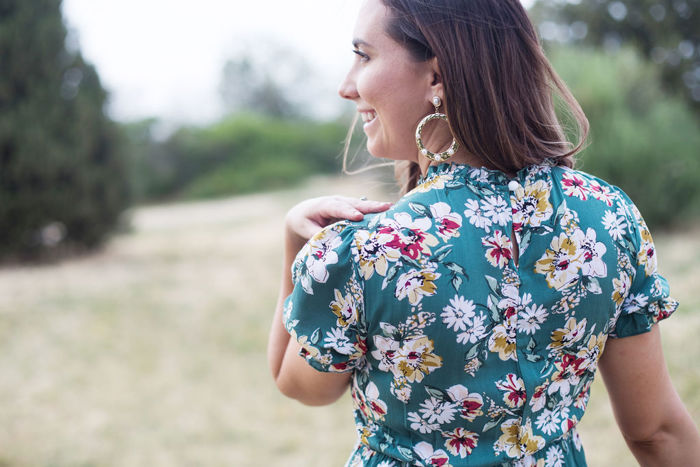 Mira Smocked Floral Midi  Rayon Green Dress