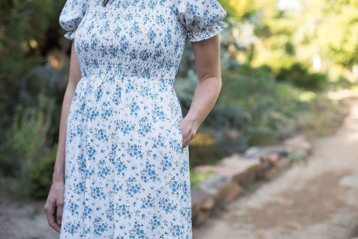 Ella Midi Blue Women Smocked Bodice Floral Dress