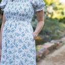  Ella Midi Blue Women Smocked Bodice Floral Dress