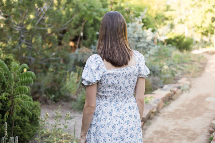 Ella Midi Blue Women Smocked Bodice Floral Dress