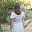  Ella Midi Blue Women Smocked Bodice Floral Dress