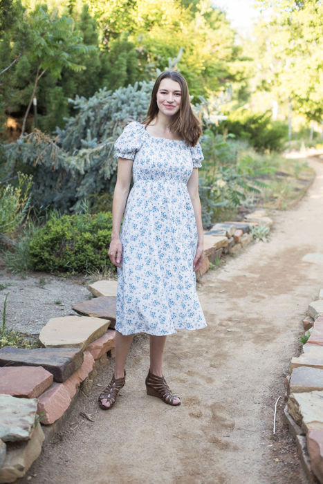 Ella Midi Blue Women Smocked Bodice Floral Dress