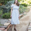  Ella Midi Blue Women Smocked Bodice Floral Dress
