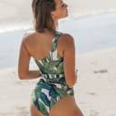  Tropical Leaf One-Shoulder Belted Swimsuit