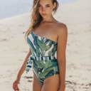 Small Tropical Leaf One-Shoulder Belted Swimsuit