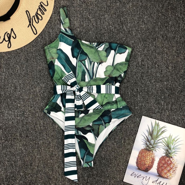 Tropical Leaf One-Shoulder Belted Swimsuit
