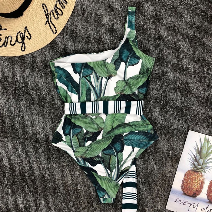 Tropical Leaf One-Shoulder Belted Swimsuit
