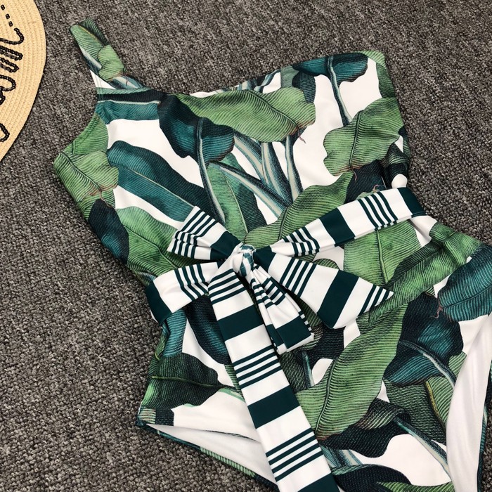 Tropical Leaf One-Shoulder Belted Swimsuit