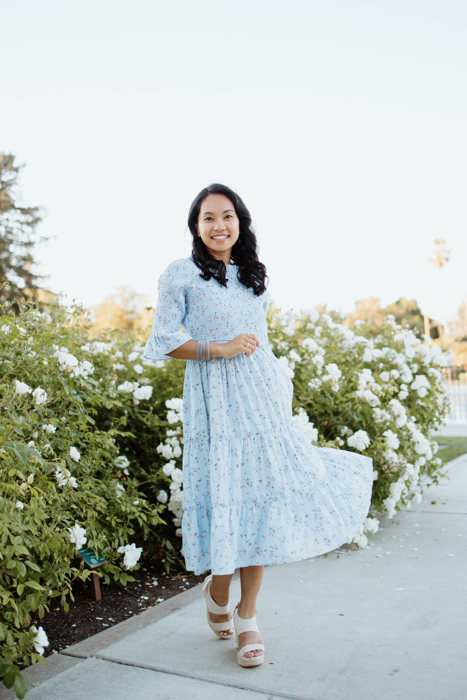 Dahlia Blue Floral Smocked Bodice Midi Dress