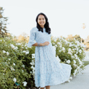 XXL Dahlia Blue Floral Smocked Bodice Midi Dress