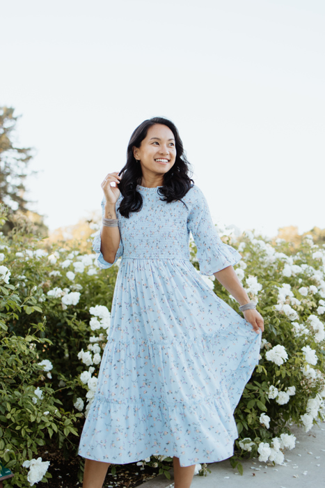 Dahlia Blue Floral Smocked Bodice Midi Dress