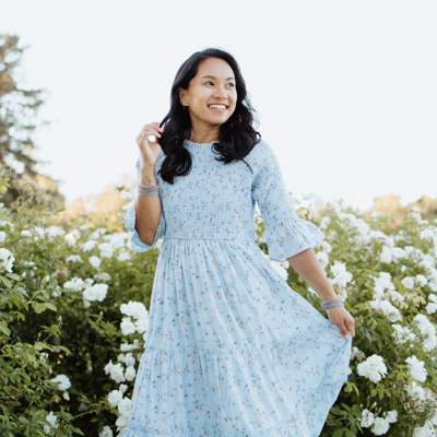 Dahlia Blue Floral Smocked Bodice Midi Dress