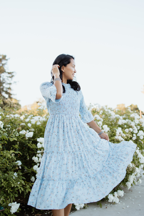 Dahlia Blue Floral Smocked Bodice Midi Dress