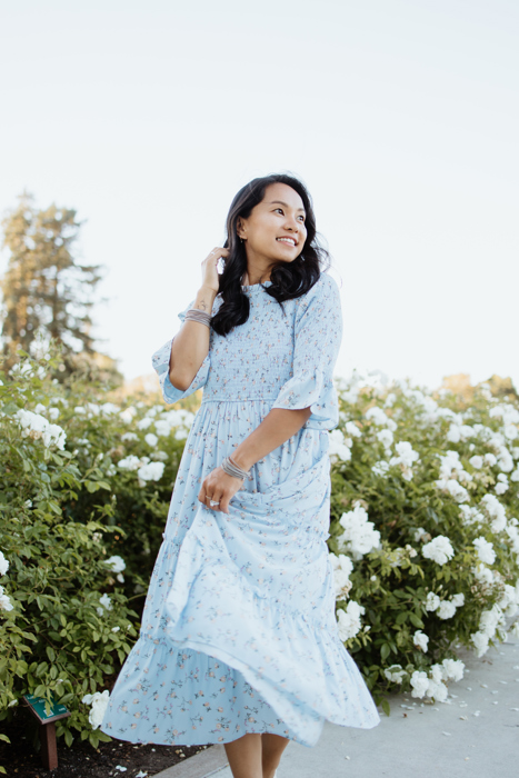 Dahlia Blue Floral Smocked Bodice Midi Dress