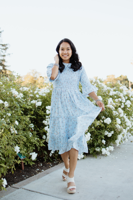 Dahlia Blue Floral Smocked Bodice Midi Dress