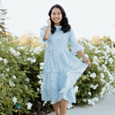 Small Dahlia Blue Floral Smocked Bodice Midi Dress