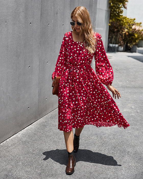 Polka Dot Long Sleeve Women Midi Dress