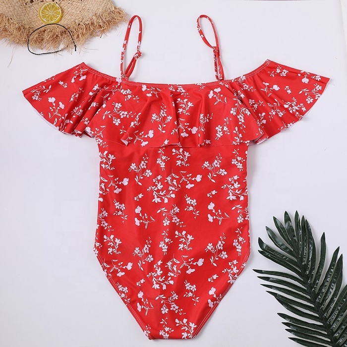 VINTAGE OFF SHOULDER RUFFLED FLORAL SWIMSUIT