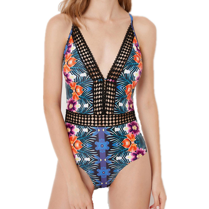 FLORAL PRINT LACE WOMEN ONE PIECE SWIMSUIT 