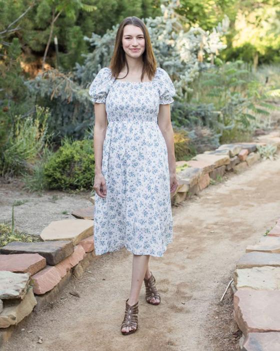 Ella Midi Blue Women Smocked Bodice Floral Dress