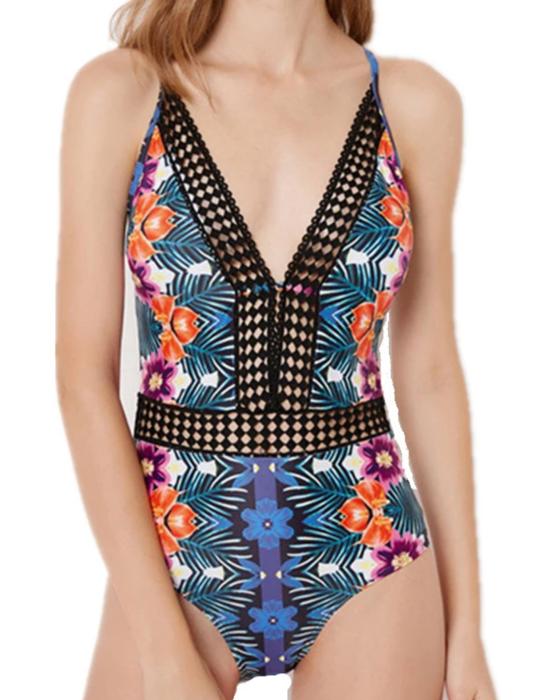 FLORAL PRINT LACE WOMEN ONE PIECE SWIMSUIT 