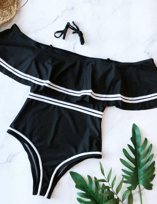 VINTAGE OFF SHOULDER RUFFLED FLORAL SWIMSUIT
