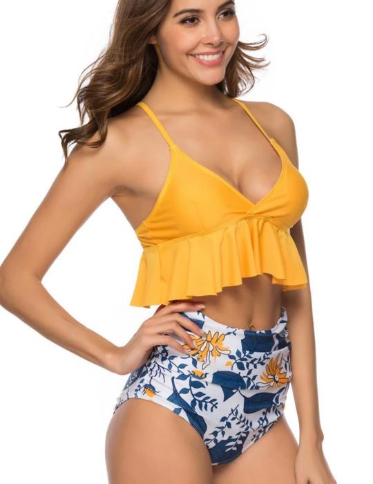 RUFFLE HIGH WAISTED V-NECK  BIKINI SWIMSUIT