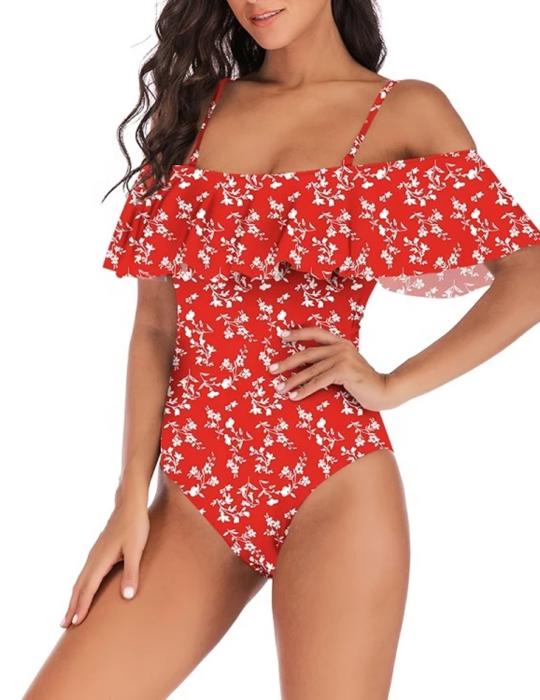 VINTAGE OFF SHOULDER RUFFLED FLORAL SWIMSUIT