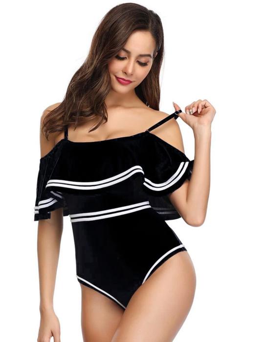 VINTAGE OFF SHOULDER RUFFLED FLORAL SWIMSUIT