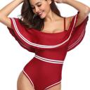 Red Medium VINTAGE OFF SHOULDER RUFFLED FLORAL SWIMSUIT