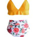 Yellow Medium Floral High Waisted Women RUFFLE BIKINI Set Swimsuit