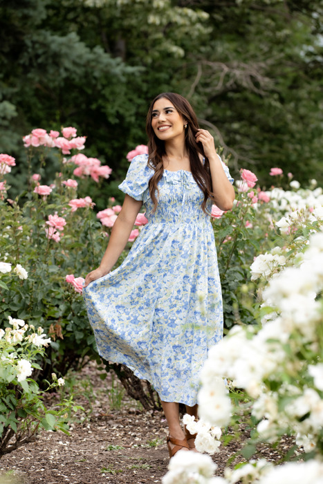 Verona Floral Blue Midi Dress Smocked Bodice 