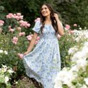 Small Verona Floral Blue Midi Dress Smocked Bodice 