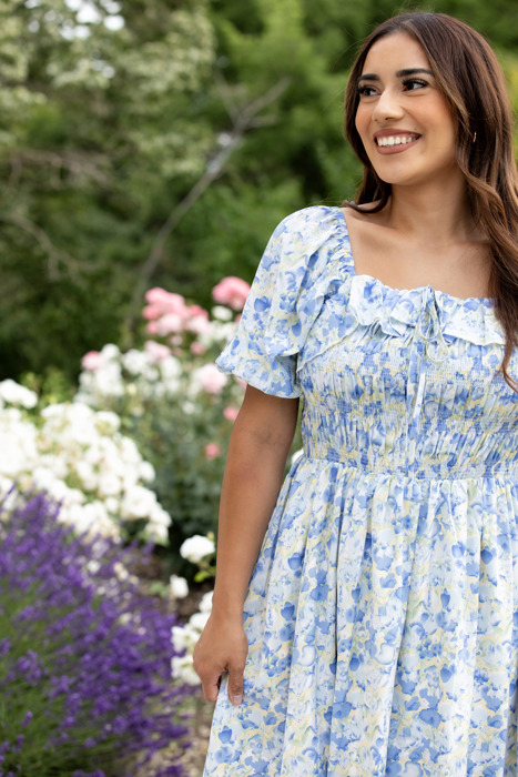 Verona Floral Blue Midi Dress Smocked Bodice 