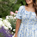  Verona Floral Blue Midi Dress Smocked Bodice 