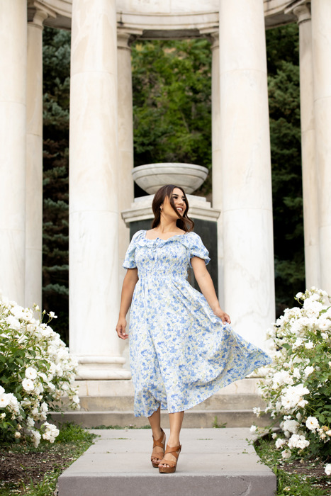 Verona Floral Blue Midi Dress Smocked Bodice 