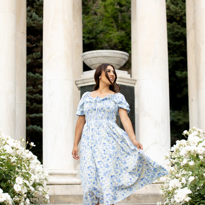 Verona Floral Blue Midi Dress Smocked Bodice 