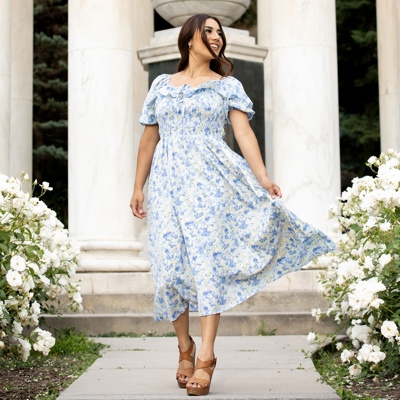 Verona Floral Blue Midi Dress Smocked Bodice 