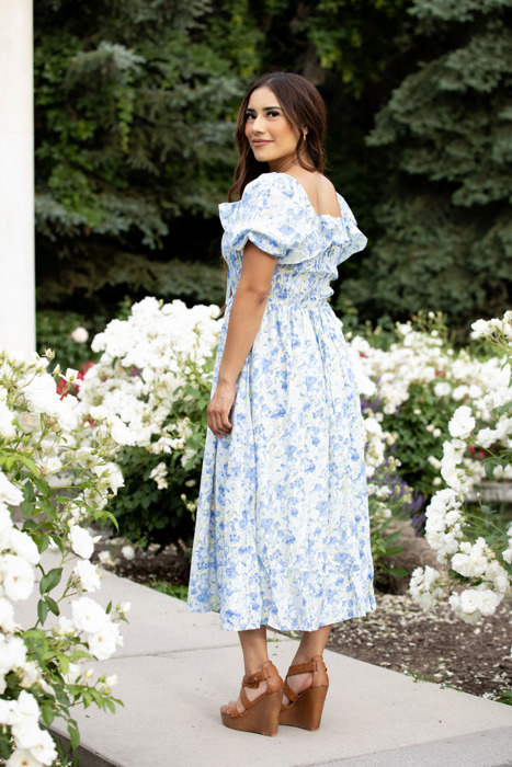 Verona Floral Blue Midi Dress Smocked Bodice 