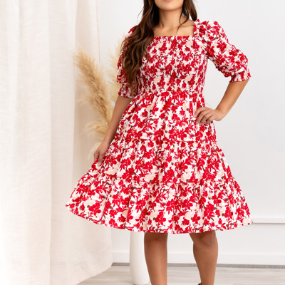 Elaine Red Floral Smocked Dress – Puff Sleeve Tiered Mini
