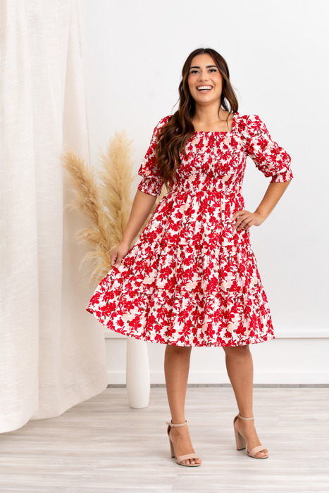 Elaine Red Floral Smocked Dress – Puff Sleeve Tiered Mini