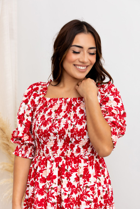 Elaine Red Floral Smocked Dress – Puff Sleeve Tiered Mini