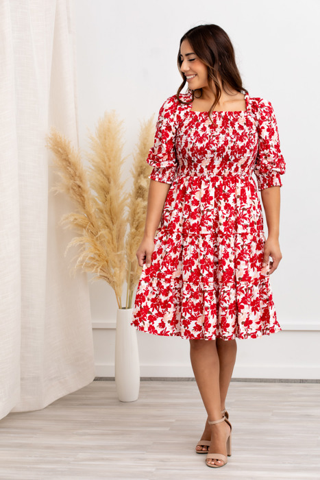 Elaine Red Floral Smocked Dress – Puff Sleeve Tiered Mini