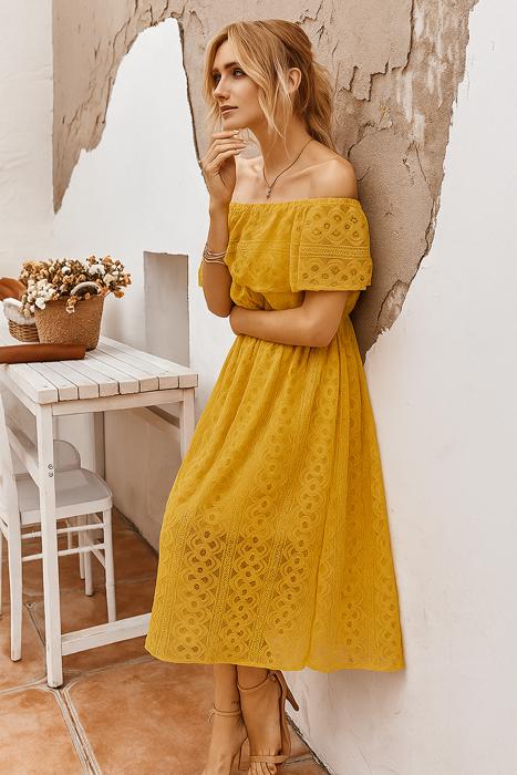 CARMEN LACE MIDI OFF SHOULDER  DRESS