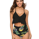 Black Multi Small RUFFLE HIGH WAISTED V-NECK  BIKINI SWIMSUIT