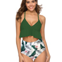 Green Small RUFFLE HIGH WAISTED V-NECK  BIKINI SWIMSUIT