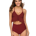 Burgundy Small RUFFLE HIGH WAISTED V-NECK  BIKINI SWIMSUIT