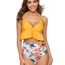Yellow Floralr Small RUFFLE HIGH WAISTED V-NECK  BIKINI SWIMSUIT